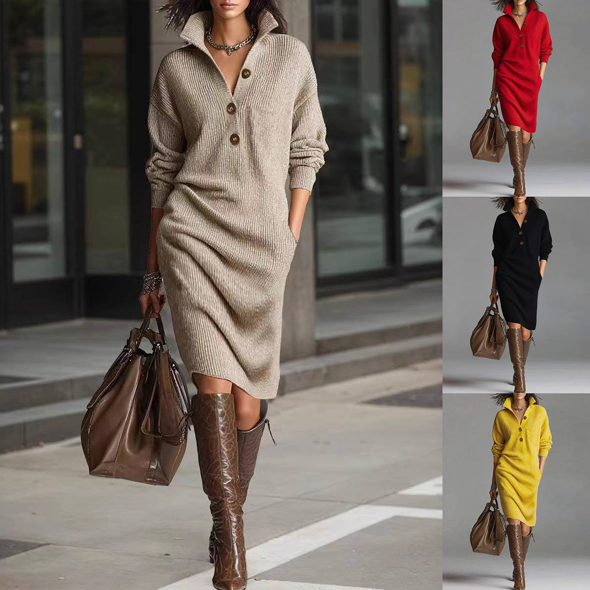 Long-sleeved Sweater Dress Fashion Warm Collar V-neck Button Pullover Casual Dresses