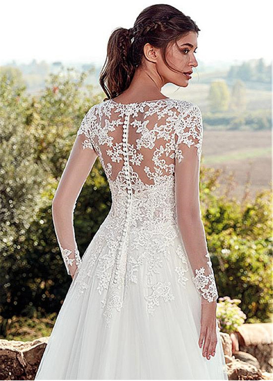 High U-neck Lace Long Sleeve A- Line Long Tail Simple Wedding Bridal Dress