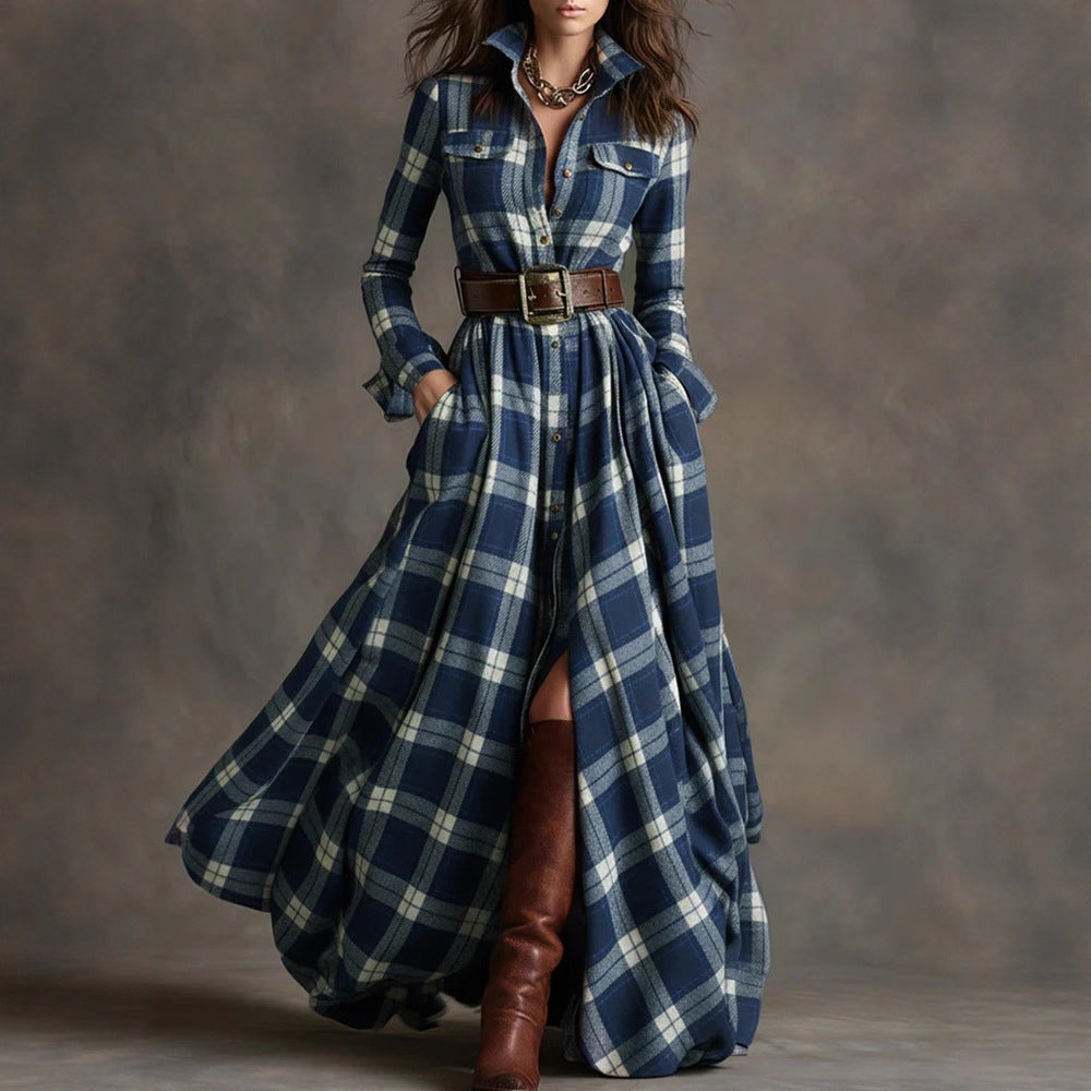 Ins Plaid Print Long-Sleeved Dress Fashion Pockets Collared Buttons Shirt Long Retro Dresses