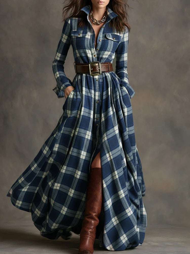Ins Plaid Print Long-Sleeved Dress Fashion Pockets Collared Buttons Shirt Long Retro Dresses
