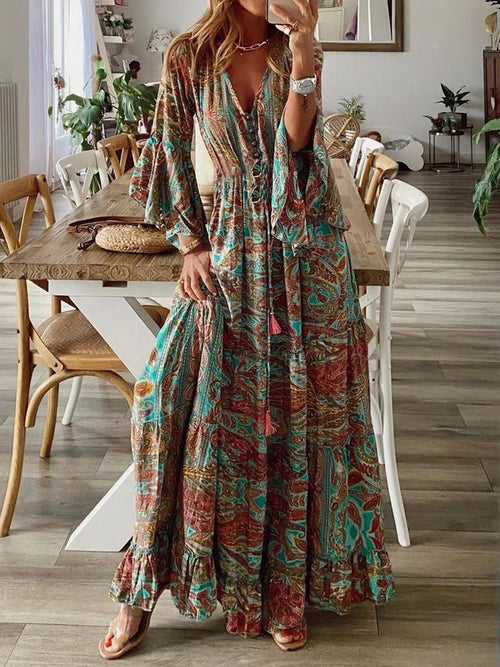 Bohemian Flare Sleeve Printed V-neck High Waist Holiday Dress Floral Dress