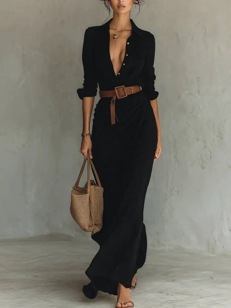 Irregular Long Dress With Belt Fashion And Elegant Button Lapel Long-sleeved Shirt Dresses