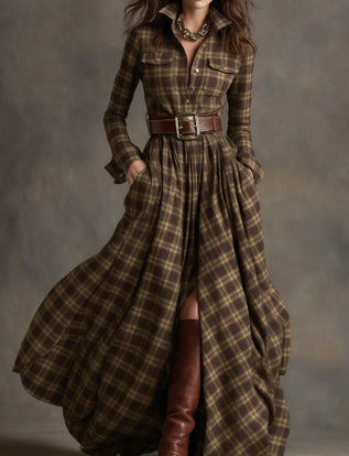 Ins Plaid Print Long-Sleeved Dress Fashion Pockets Collared Buttons Shirt Long Retro Dresses
