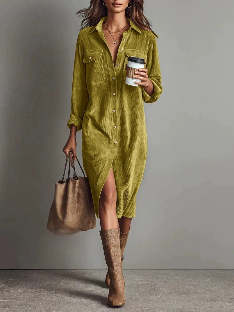Turn-Down Collar Buttons Chic Casual Dress, Spring Autumn Solid Simple Party Holiday Dress