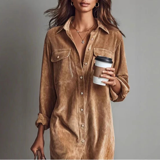 Turn-Down Collar Buttons Chic Casual Dress, Spring Autumn Solid Simple Party Holiday Dress