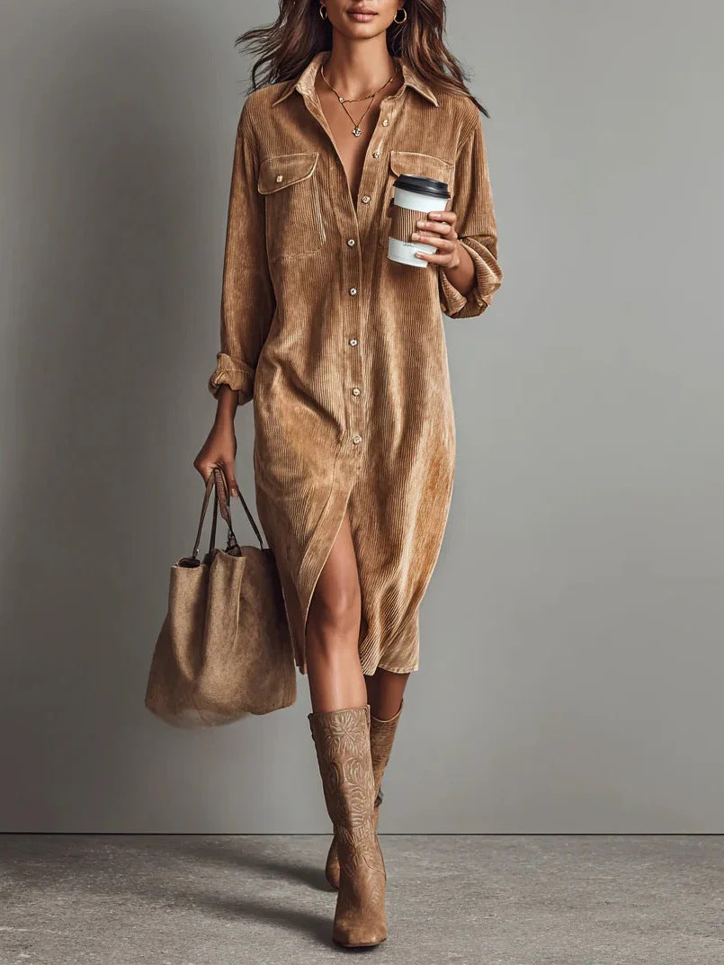 Turn-Down Collar Buttons Chic Casual Dress, Spring Autumn Solid Simple Party Holiday Dress