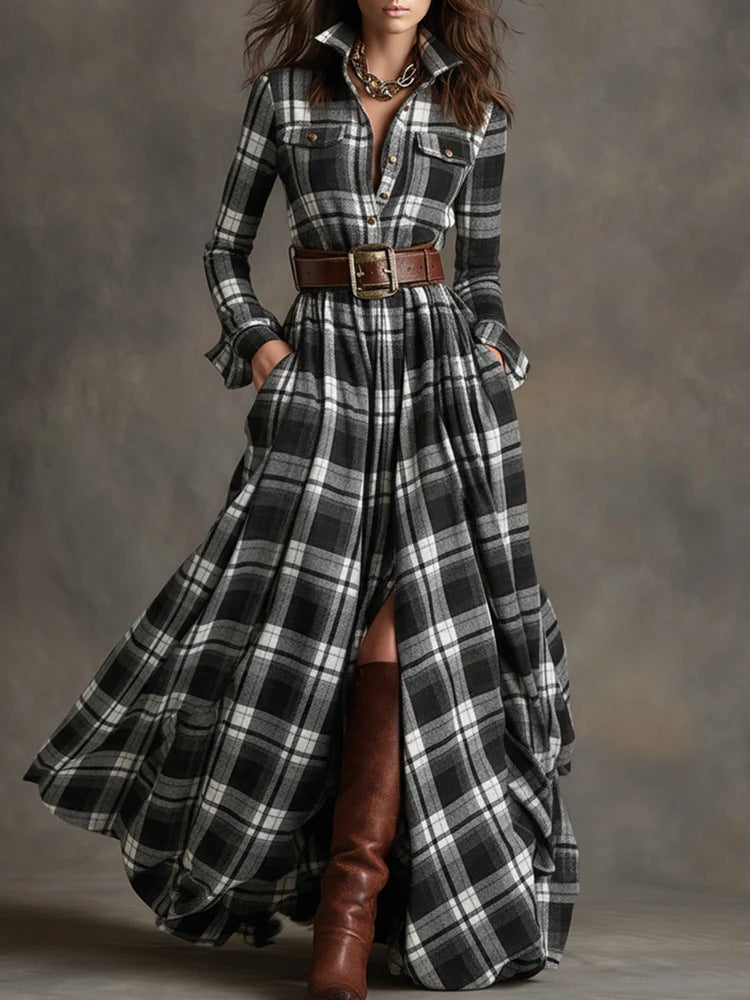 Ins Plaid Print Long-Sleeved Dress Fashion Pockets Collared Buttons Shirt Long Retro Dresses