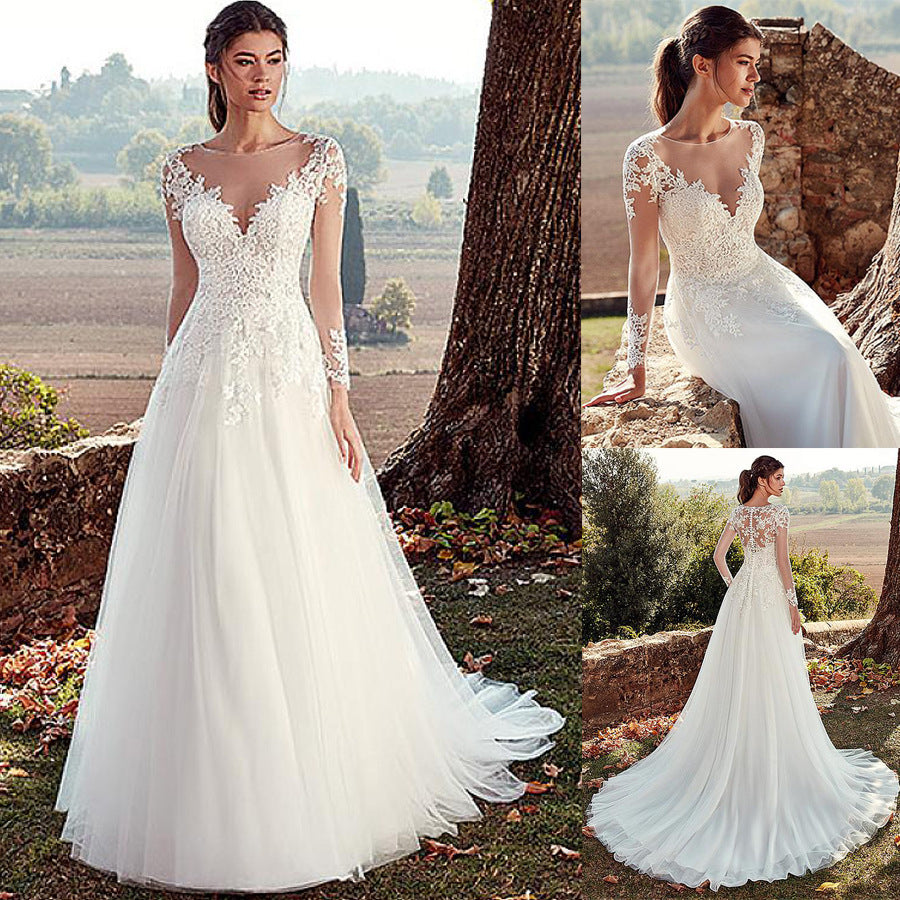 High U-neck Lace Long Sleeve A- Line Long Tail Simple Wedding Bridal Dress