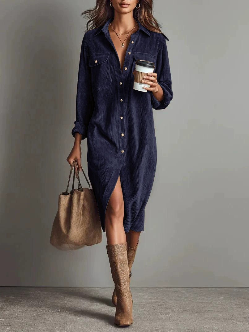 Turn-Down Collar Buttons Chic Casual Dress, Spring Autumn Solid Simple Party Holiday Dress