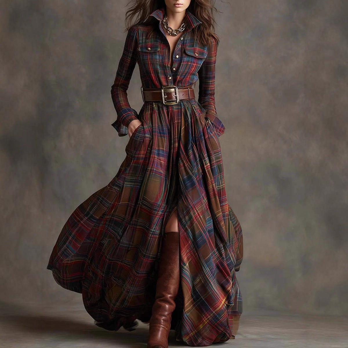 Ins Plaid Print Long-Sleeved Dress Fashion Pockets Collared Buttons Shirt Long Retro Dresses