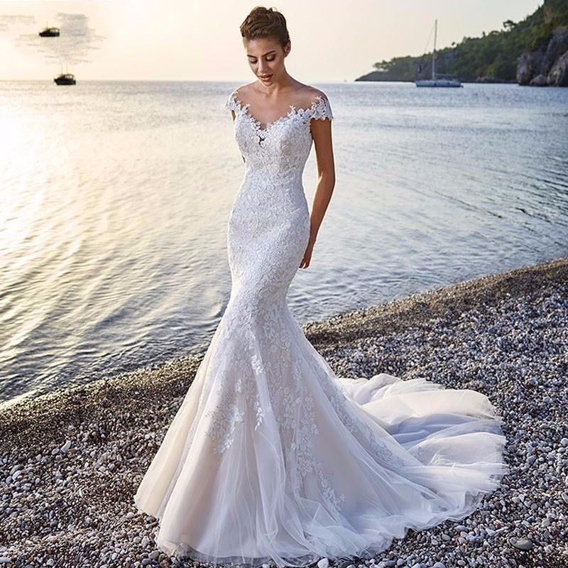 Princess Bride Mermaid White Trailing Perspective Backless Lace Wedding Dress