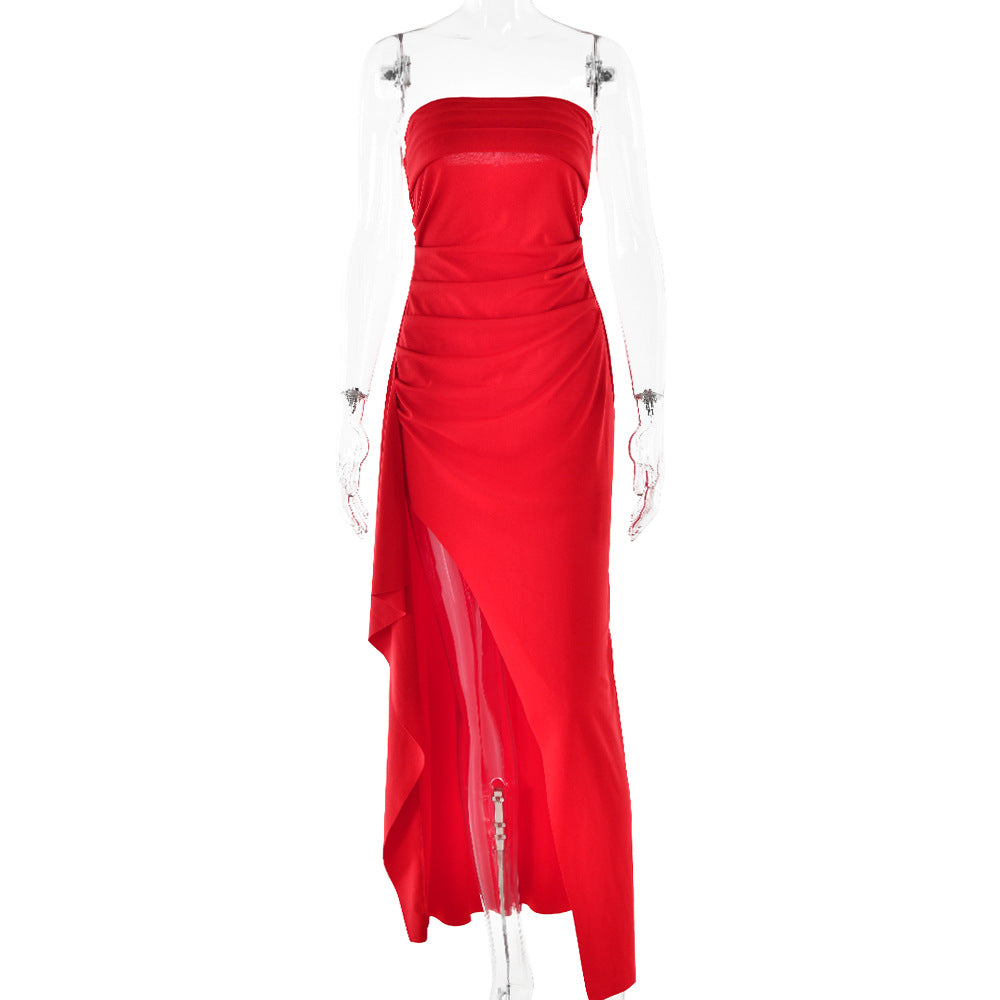 Strapless Split Long Summer Fashion Pleated Bridesmaid Dress Party Wedding